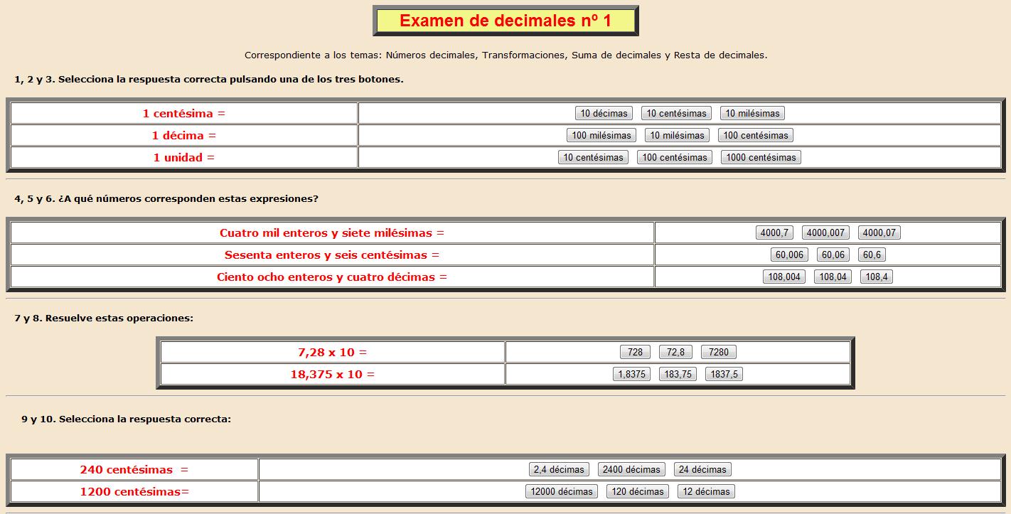 Examen de decimales nº 1 | Recurso educativo 37990