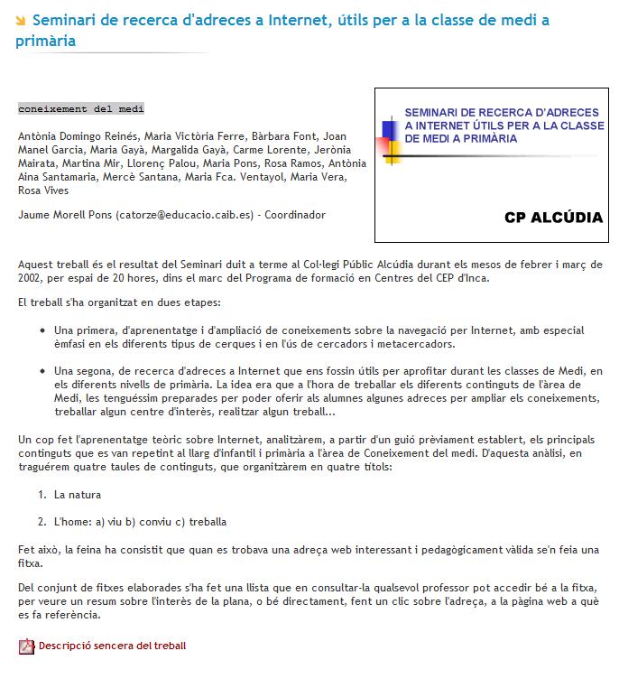 Seminari de recerca d'adreces a Internet, útils per a la classe de medi a primària | Recurso educativo 38512